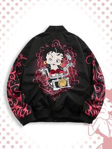ROMWE MEN Betty Boop | ROMWE Áo khoác bóng chày tay dài họa tiết hoạt hình dành cho nam, cài một hàng khuy, mùa thu - màu đen - Xem 2