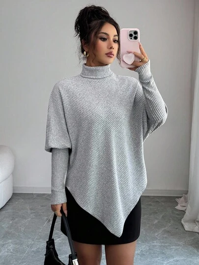 Elenzga Elegantes Design mit asymmetrischem gekräuseltem Saum, Fake-Strick, flauschiger gerippter Rollkragen, vielseitiges Damen T-Shirt