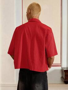 SWAVVY Men's Casual Striped Print Loose Fit Short Sleeve Shirt, Spring/Summer - Red - View 2