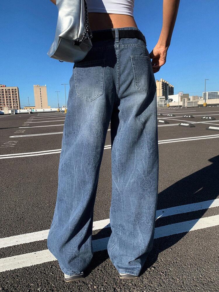 Embroidered High Waist Loose Wide Leg Jeans, Retro Straight Leg Pants
