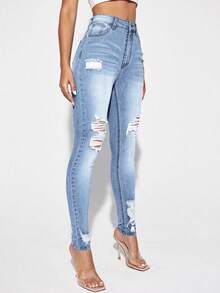 SHEIN PETITE Women's High Waist Pocket Distressed Slim Fit Casual Jeans, Blue