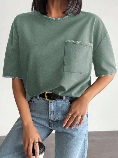 EURMUSE Camiseta plus size feminina, preta, com acabamento contrastante e bolsos detalhados