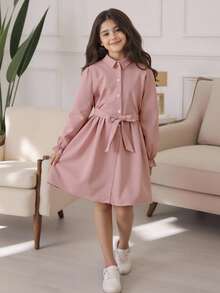 小女孩荷葉袖紐扣腰帶襯衫