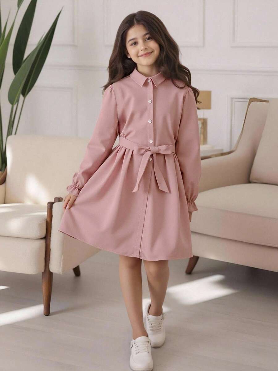 小女孩荷葉袖紐扣腰帶襯衫