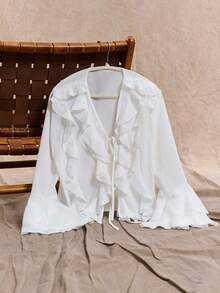 Easelle قميص نسائي كاجوال مريح للخارج بأكمام واسعة مرفرفة وياقة على شكل حرف V بطبقات من الكشكشة بطراز بوهيمي عتيق