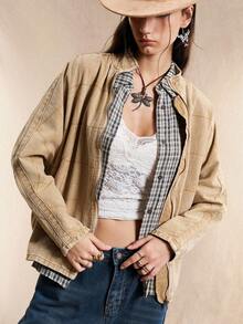 Easelle Women's Plaid Batwing Sleeve Zip-Up Casual Denim Jacket, Autumn Western Jacket Women Boho Western Tops Cowboy Shirts Women Women Western Tops Western Shirts For Women Women Western Clothing Cowboy Shirt Women Women Western Jacket