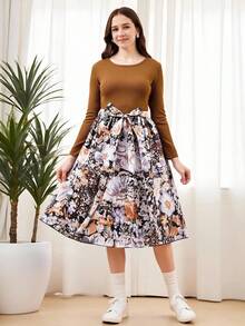 SHEIN 少女花卉印花长袖束带连衣裙，适合节日、夏季、旅行