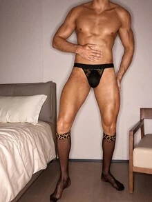 SHEIN 男士撞色蕾丝镂空性感内裤 - 黑色 - 查看 4