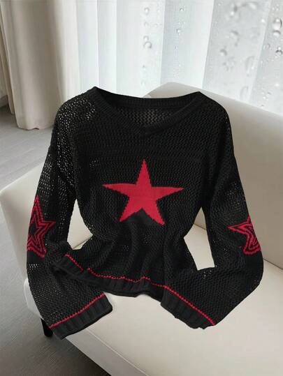 SHEIN Franclia 女童返校条纹星形宽松针织罩衫，女士宽松长袖毛衣，复古撞色V领镂空网眼针织上衣，适合海滩、秋冬季节，优雅时尚休闲通勤商务办公日常休闲百搭都市教师职业装