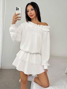 SHEIN LUNE New Women's Off Shoulder Ruffle Long Sleeve Loose Casual Hem Flounce Design Sweatshirt, Versatile For Spring/Autumn Vacation And Daily Wear, Suitable For Young Ladies