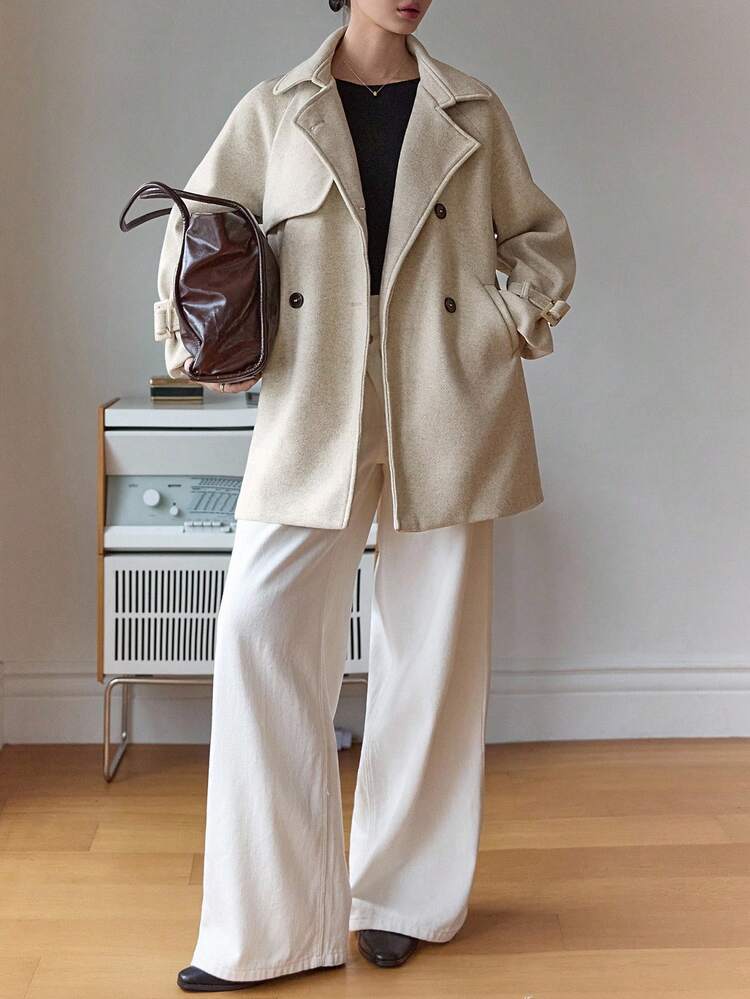 Women's Solid Color Raglan Sleeve Double-Breasted Casual Jacket, Autumn/Winter Women Coats