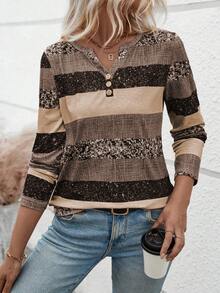 EMERY ROSE Women's Casual V-Neck Long Sleeve Striped Button T-Shirt With Random Print, Autumn Graphic Tees Women Tops For Spring - Multicolor - View 6