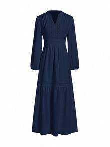 Gownix Women's Woven Jacquard Texture Spring Style Deep V-Neck Solid Color Ruffle Hem Lace Trim Summer Dress - Navy Blue - View 4