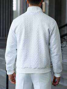 Manfinity CasualCool Men's Casual Solid Color Textured Half Zip Stand Collar Sweatshirt, Men's Autumn New Solid White Minimalist Casual Pullover Sweatshirt, Versatile Items For Daily Commuting, Travel, Cable Knit Quarter Zip Sweatshirt, Long Sleeve Top - White - View 4