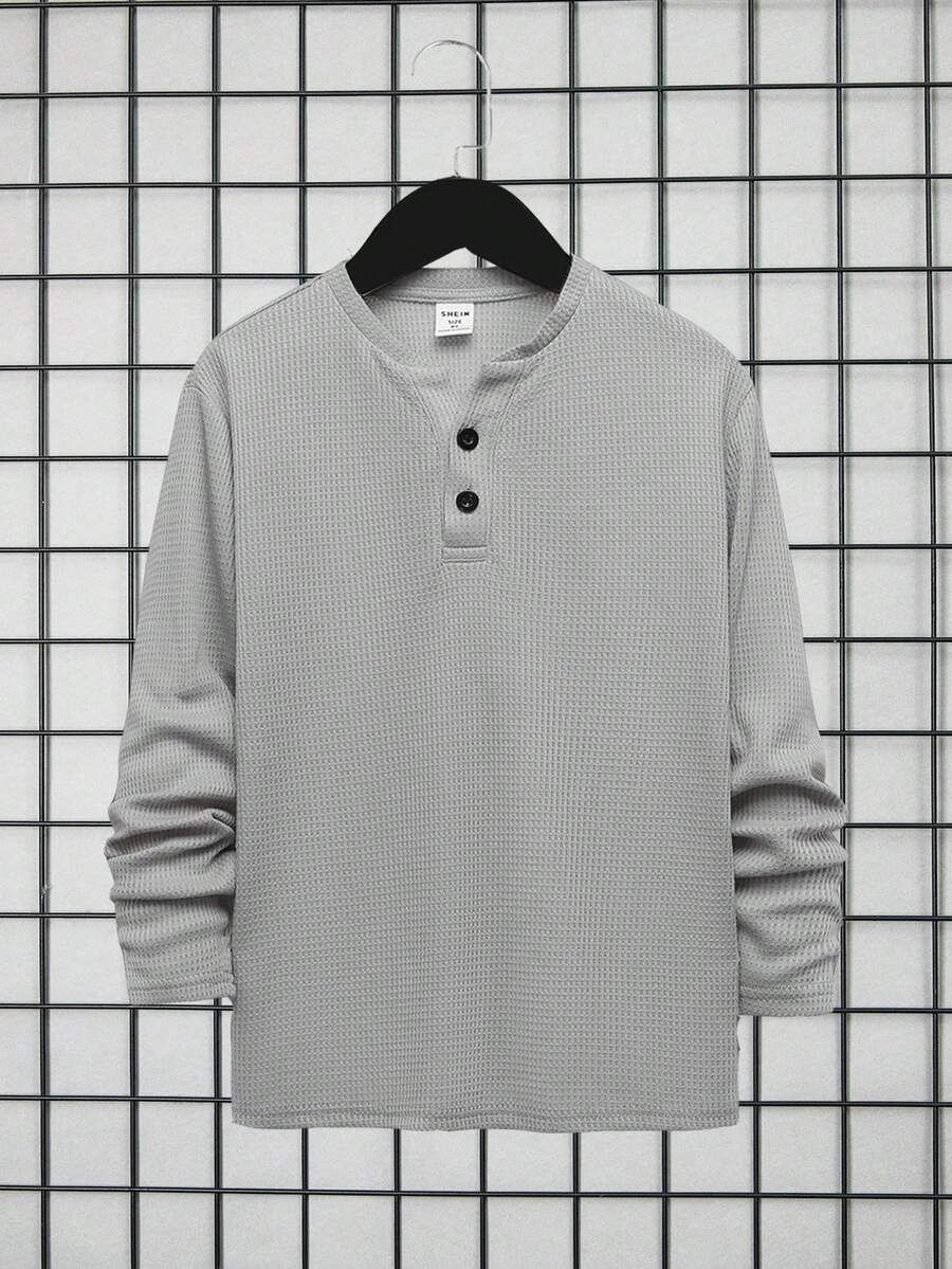 SHEIN 男童纯色半拉链 Polo 长袖 T 恤 - 灰色 - 查看 1