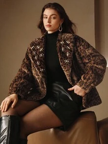 Anewsta Plus Size Women Leopard Print Beaded Padded Short Jacket, Autumn/Winter