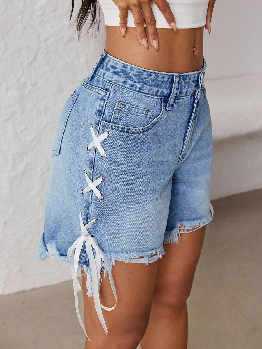 Jeanoix Pantalones cortos de mezclilla con cordón en la cintura y borde deshilachado para mujer de talla grande - Azul lavado medio - Ver 1