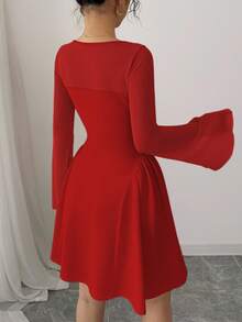 Elenzga Đầm nữ mới thiết kế xếp nếp bên hông bằng lưới trong suốt có cổ nơ, xòe dáng chữ A, thắt eo gợi cảm, sang trọng, thanh lịch, đa năng - Đỏ - Xem 2