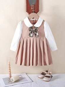 SHEIN 1pc Baby Girl Pleated Dress, Baby Girl's Woven Comfortable Khaki Long Sleeve Dress With Bow And Button Decor, Fresh And Cute Style Suitable For Autumn, Loose Fit, Suitable For Various Occasions Like Vacation, Travel, Daily Wear Fall Winter - Khaki - View 3