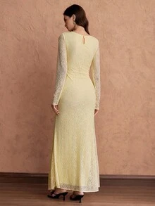 Islaluna Robe ajustée élégante en dentelle froncée pour femmes