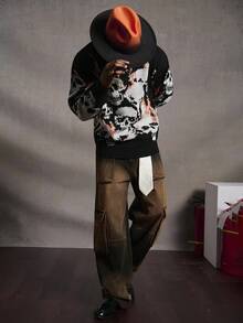 PAVTROS Quần Jeans Cargo Màu Chuyển Sắc Giặt Cho Nam Phong Cách Halloween Ngày Lễ Các Thánh, Phong Cách Grunge - Màu Đỏ Sâu - Xem 3