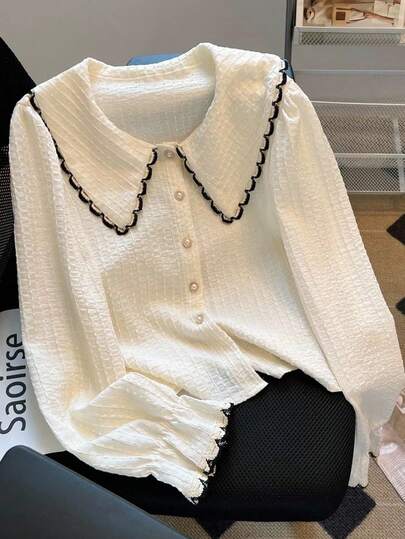 Franclia Yeni Gelen Renk Bloklu Şirin Kabarık Kollu Kadın Bluzu Ofis ve Brunch İçin Siyah Beyaz Sonbahar Fransız Tarzı
