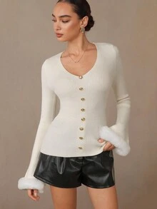 Modelyn Damen V-Ausschnitt Dekorativer Knopf Flauschiger Bund Figurbetonter Pullover, geeignet für Arbeit und Pendeln