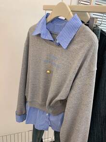 INAWLY 女士字母条纹印花休闲长袖套头衫