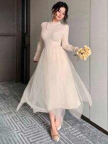 DAZY Váy len dệt kim lưới chắp vá thanh lịch dành cho nữ, mùa thu - Màu be - Xem 3