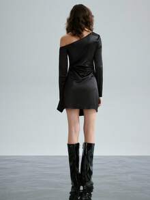 Airlisse Slit Shoulder Long Sleeve Discounted Shiny Fitted Dress For Women - Black - View 7