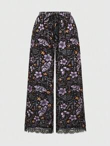 ROMWE Goth Pantalones de mujer con estampado de plantas del bosque oscuro gótico, cintura elástica y parches de encaje