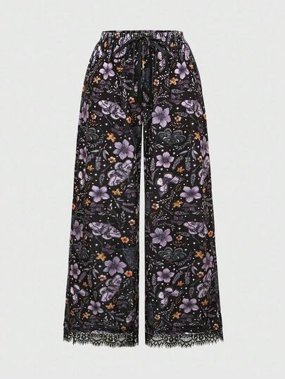 Goth Pantalones de mujer con estampado de plantas del bosque oscuro gótico, cintura elástica y parches de encaje