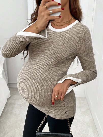 SHEIN Luźna, wygodna, dopasowana koszulka ciążowa z okrągłym dekoltem i długim rękawem