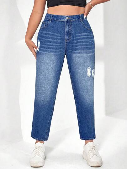 SHEIN ICON Plus Ripped Mom Fit Jeans