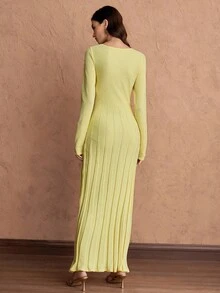 Franclia 春季新款欧美风性感方领修身收腰修身长款女士连衣裙 - 黃色 - 查看 2