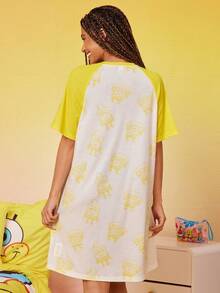 SpongeBob SquarePants | SHEIN 女士可爱卡通印花撞色插肩袖宽松睡衣连衣裙，夏季，哞哞睡裙 - 黃色 - 查看 2