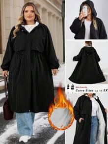 SHEIN CURVE+ Áo khoác trùm đầu dài tay raglan màu trơn cỡ lớn dành cho nữ, dáng rộng, có dây rút, eo cao, thường ngày, mùa đông/thu/đông - màu đen - Xem 1