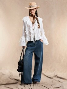 Easelle قميص نسائي كاجوال مريح للخارج بأكمام واسعة مرفرفة وياقة على شكل حرف V بطبقات من الكشكشة بطراز بوهيمي عتيق