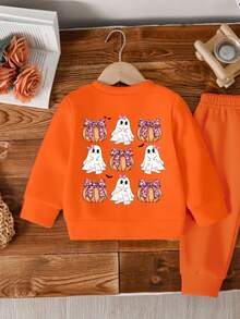 2 件套女婴万圣节南瓜和蝴蝶结图案圆领长袖运动衫和裤子套装，适合秋冬穿着 - 橘色 - 查看 3