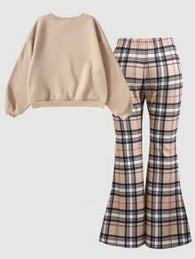 SHEIN Tween Girls' Casual Sports Chic Cute Cartoon Bear Embroidery Loose Drop Shoulder Crew Neck Sweatshirt & Plaid Slim Fit Leggings Set, Khaki Fall Winter - Khaki - View 2