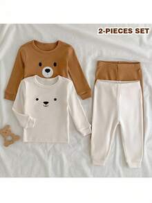 Loomiva 4pcs Baby Boy Snug Fit Pajama Set, Cartoon Bear Print Soft Knit Crew Neck Long Sleeve Top And Elastic Waist Long Pants Graphic Fall Winter