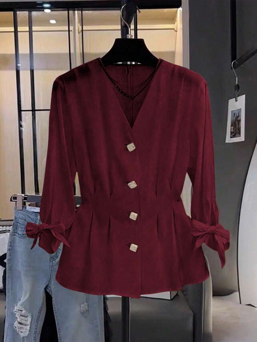 Franclia 女士休闲系带V领收腰中袖衬衫,适合大学校园春季穿着。 - 酒紅色 - 查看 1