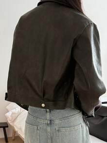 DAZY Áo khoác cardigan dáng rộng ngắn ve áo cho nữ, thiết kế phía trước bất đối xứng, áo khoác da PU thường ngày mùa đông - màu nâu - Xem 3