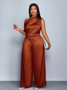 SOLERSUN 大码四季女装时尚通勤纯色优雅日间旅行宽松休闲简约杏色缎面面料一字肩不对称领口肩部褶皱短袖阔腿连体裤春夏度假连体裤阔腿冰丝长裤 - 棕色 - 查看 3