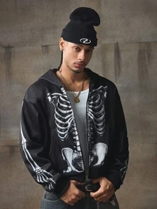 AXEPEAK 男式撞色印花连帽长袖运动衫，秋冬 - 黑色 - 查看 4