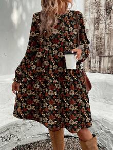 EMERY ROSE Vestido de mujer de largo medio con estampado de hojas en tonos otoñales, elegante y casual, adecuado para otoño/invierno - Multicolor - Ver 4