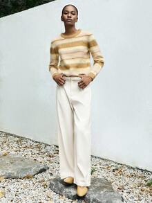 SHEIN X Jwoww Lumivelle Multi-Color Striped Patchwork Slim Fit Pullover Sweater, Autumn/Winter - Multicolor - View 6