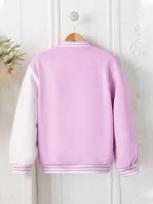 SHEIN Girls' Casual Colorful 3D Floral Contrast Color Baseball Jacket, Spring/Autumn Fall Winter - Purple - View 2