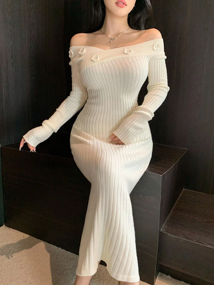 Women's Elegant Solid Color V-Neck Sweater Dress, Autumn Off Shoulder Top