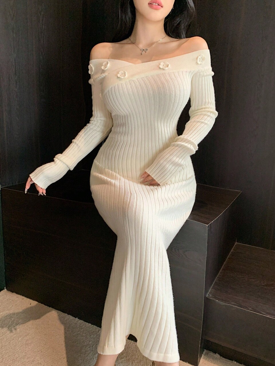 Women's Elegant Solid Color V-Neck Sweater Dress, Autumn Off Shoulder Top